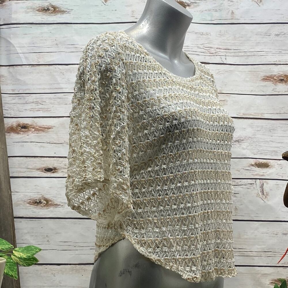 Von Maur Harmony Knit Petite Med Batwing Top New NWT Cream and Tan PM - Picture 2 of 11